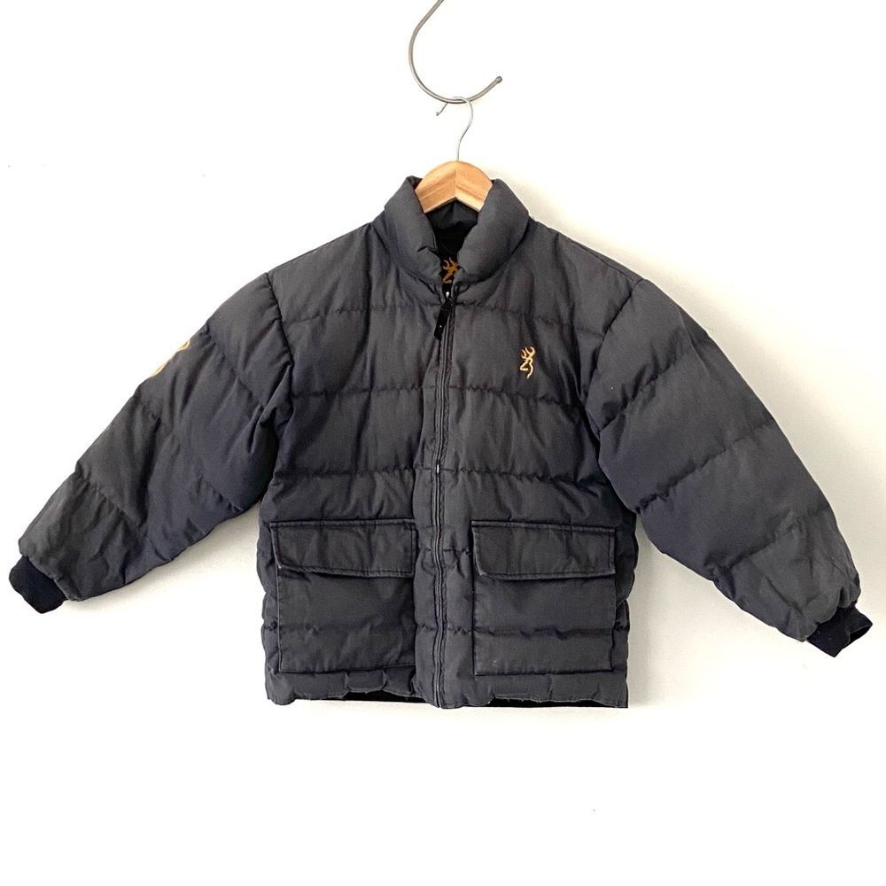 Browning Kids Grey Goose Filling Puffer Jacket Logos Embroidered Sz M Outdoor